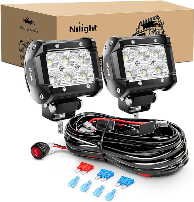 Nilight - ZH010 2PCS 4 Inch 18W Flood LED Fog Lights Off Road Driving Lights With Wiring Harness, 2 Years Warranty