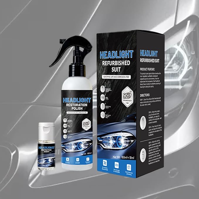 Headlight Restoration Kit, Removes Oxidation & Yellowing, UV Coating | 180ml polish + 10ml ceramic coating, sponge & towel; for cars, trucks, SUVs, motorcycles; long-lasting UV protection