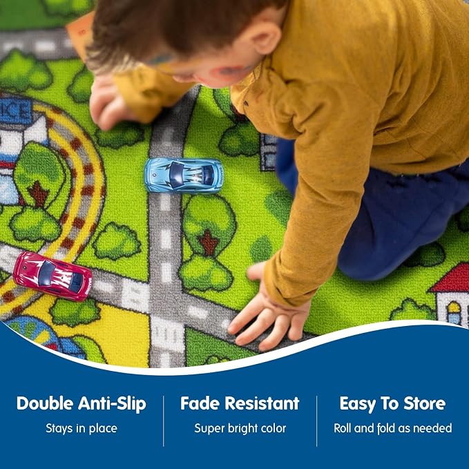 Booooom Jackson Kids Train & City Rug, 2'2" x 3'7" | Non-Slip Washable Play Mat, OEKO-TEX Certified, Train & City Scene, Gift for Toddlers, Classroom & Playroom