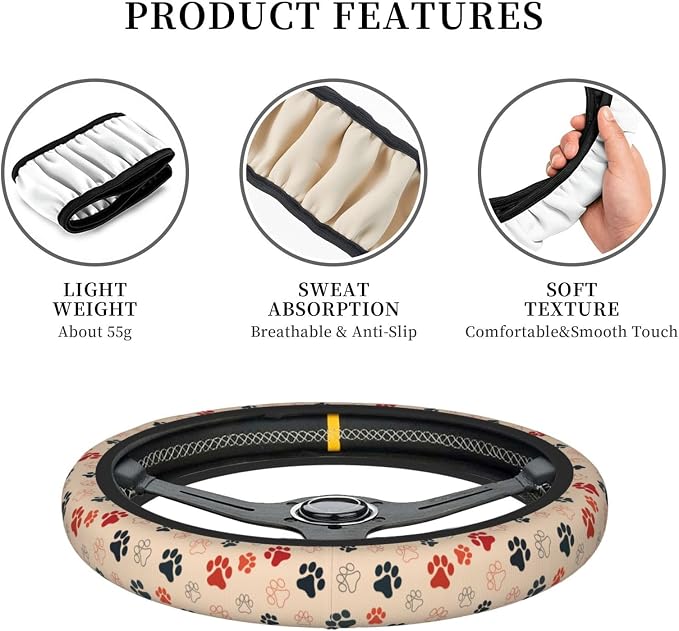 Paw Print Neoprene Steering Wheel Cover Anti-Slip Elastic Dog Cat Paw Steering Wheel Protective Cover 15in Universal Car Accessories Fit Cars, SUVs, Auto