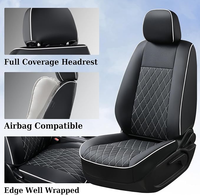 Coverado Tacoma Seat Covers Full Set, Faux Leather Seat Covers Custom Fit for 2016-2023 Toyota Tacoma Double/Crew Cab Base Prerunner SR5 Limited TRD Sport Interior Covers (White Line)