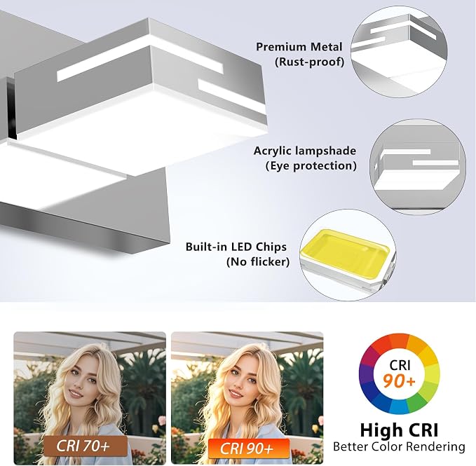 LED Modern Bathroom Vanity Light Fixtures, Dimmable Chrome Vanity Lights for Bathroom Lighting Fixtures Over Mirror, with 360° Rotatable Heads 7-Light 48-inch (Cool White 6000K)
