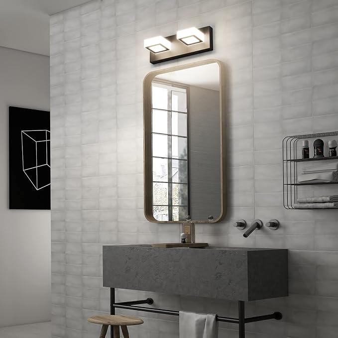 Ralbay Modern Vanity Light - 2 Light Acrylic Matte Black Bathroom Lighting Fixture with LED, Natural White Light (4500K)
