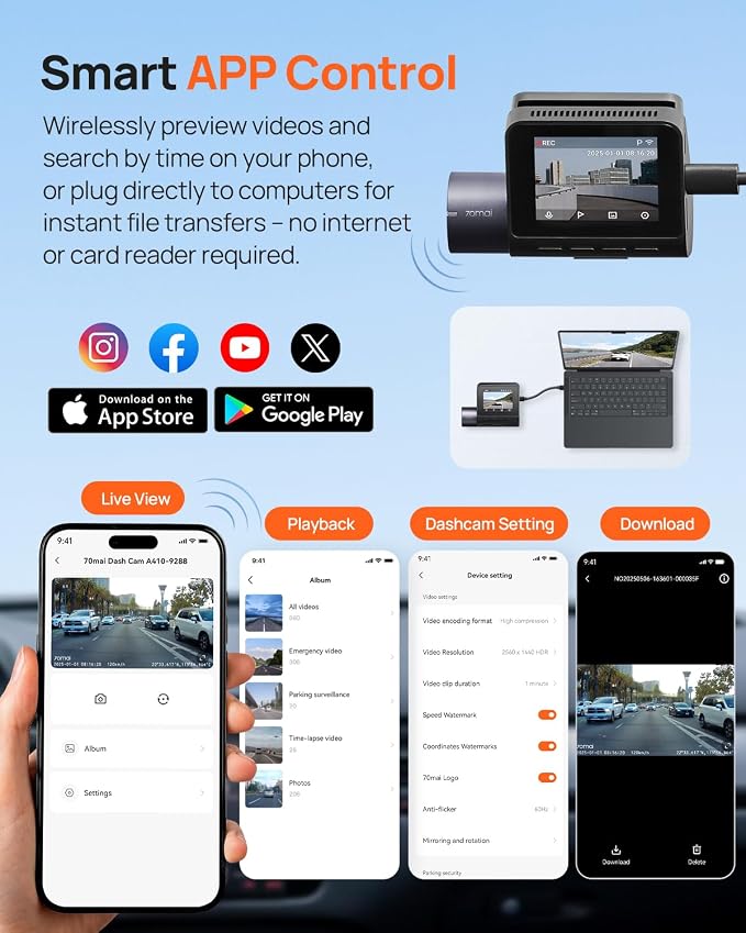 70mai Dash Cam Front and Rear - 2.5K+1080P Dual Dash Camera with HDR, Super Night Vision, F1.55 Aperture, 24H Parking Mode, Built-in Wi-Fi & GPS, G-Sensor, Loop Recording, 64GB Card Included (A410)