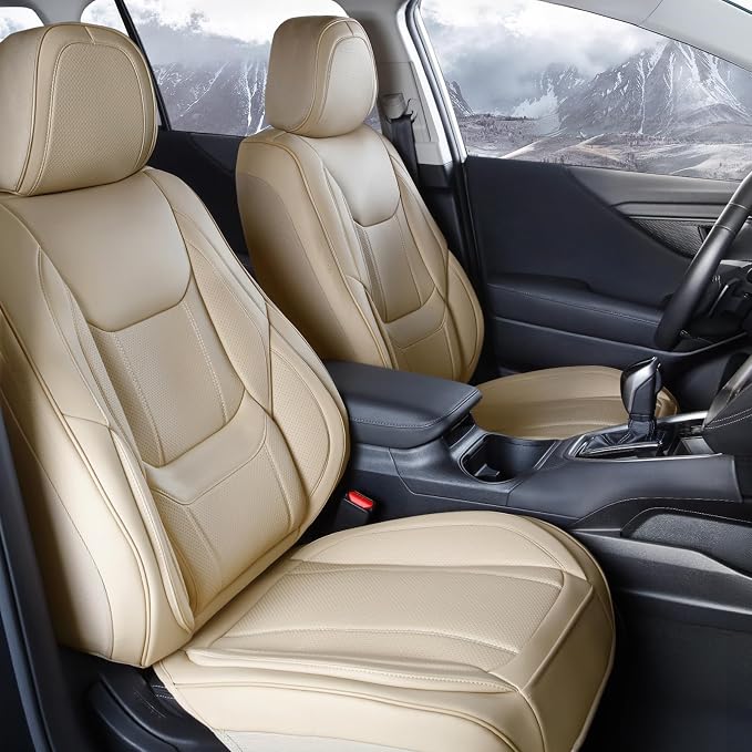 Coverland Custom Truck Car Seat Covers Front Seats for [2014-2018 GMC Sierra 1500 Crew Cab Bucket Seats] - Protector Water Resistant Leather Memory Form Back Support Seat Cushion [Front-Beige]
