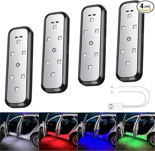 Car LED Door Lights Projector 7 Color Wireless Door Warning Lights USB Welcome Door Sill Courtesy Projection Magnetic Auto Sensing Ambient Puddle Lights (4Pcs)