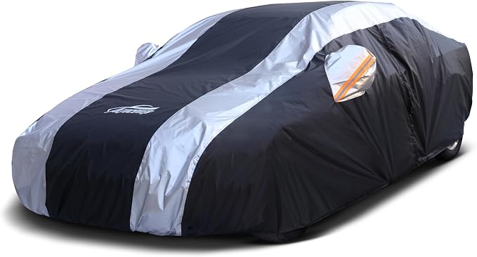 Small Car Cover Waterproof All Weather Protection with Silver Stripe Design,Universal Fit Nissan Versa, Hyundai Accent, Kia Rio Sephia,Audi A3 80 90, Honda City Insight