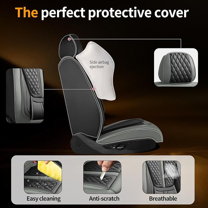 Fit Titan Car Seat Covers Compatible with Nissan Titan 2009-2024 2025 2026.Full Coverage Waterproof Leather,All-Weather Seat Cushion Protector-Easy Installation(2 Front,Grey)
