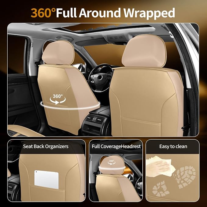 Fit Maxima Car Seat Covers Compatible with Nissan Maxima 2007-2022 2023.Full Coverage Waterproof Leather,Compatible with Airbag,All - Weather Seat Cushion Protector(2 Front,Beige)