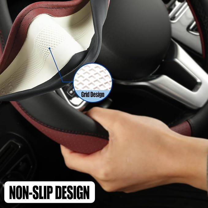 Black Burgundy Microfiber Leather D Shaped Steering Wheel Cover | Breathable Anti Slip Grip Cool Sporty Look Glow for Women Men