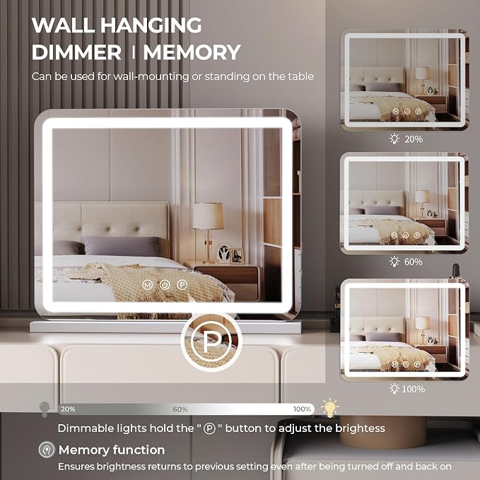 ZL ZELing Vanity Mirror with Lights, 23 Inch Large Makeup Mirror with LED Lights, Smart Touch Dimmable 3-Color Light, Memory Function, USB Charging Port, and Magnifying Glass