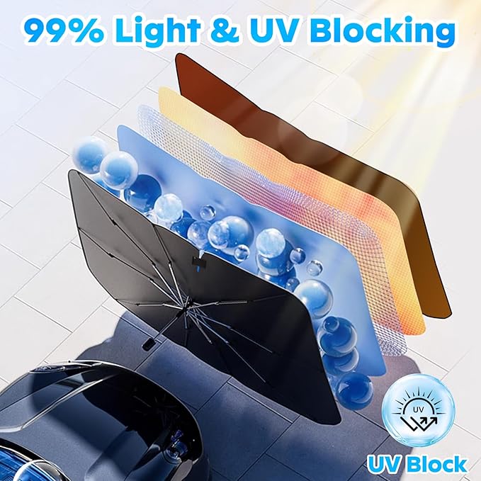 Car Windshield Sun Shade Umbrella, Foldable Windshield Sunshade Front Cover with UV Block, 360°Rotation Bendable Front Window Heat Insulation Protection for Auto Windshield Covers - 56.3"x33.9"