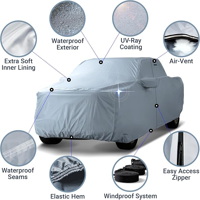 iCarCover 18-Layer Premium Truck Car Cover Waterproof All Weather, Rain Snow UV Sun Protection Full Car Covers, Ram 1500, 2500, 3500, Silverado, Sierra 2500HD, 3500HD, Size T79 (See Size Chart)