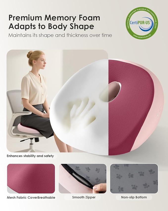 FLORICH Seat Cushion, Memory Foam Cushion for Office Chair, Ergonomic Office Seat Chair Cushion for Relieving Sciatica, Soft & Breathable Car Seat Cushion - Pink