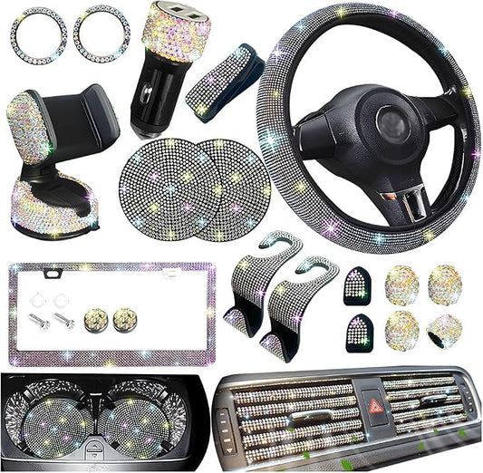 27PCS Bling Car Accessories Set for Women, 14.5-15" Crystal Rhinstone Steering Wheel Cover, License Plate Frame, USB Charger Phone Holder, Girly Auto Decor Set, Universal Fit (Multicolor)