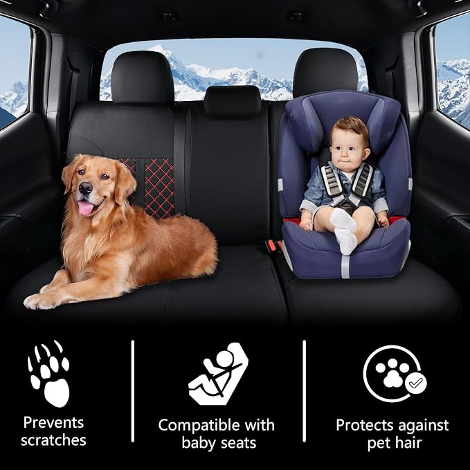 Truckiipa Toyota Tacoma Seat Covers Full Set, Waterproof Leather Seat Covers Fit for 4th Gen 2024-2026 Toyota Tacoma Double Crew Cab SR SR5 Limited TRD Sport/Off Road, Full Set, Black&Red