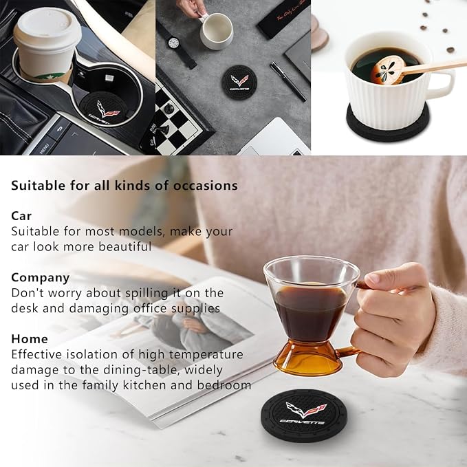 Black Silicone Car Coasters for Corvette Series Series Non-Slip Car Cup Holder Coasters,Car Interior Accessory for Car Cup Holder 2Pcs 2.75 Inch