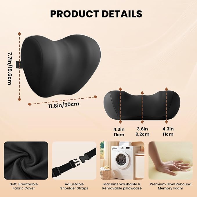 ZZ-WELL Car Headrest Pillow, Car Neck Pillow for Neck Pain Relief with Adjustable Strap, Memory Foam & Breathable Removable Cover, Travel Car Neck Pillow for Pain Relief While Driving (Black, 1Pack)