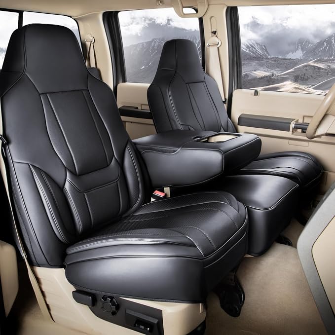 Coverland Custom Truck Car Seat Covers Front Seats for [2017-2022 F250 F350 F450 Super Duty SuperCrew Front 40/20/40 Split Seat Rear 40/60 Bench w/Armrest] - Waterproof Seat Protector [Front-Black]