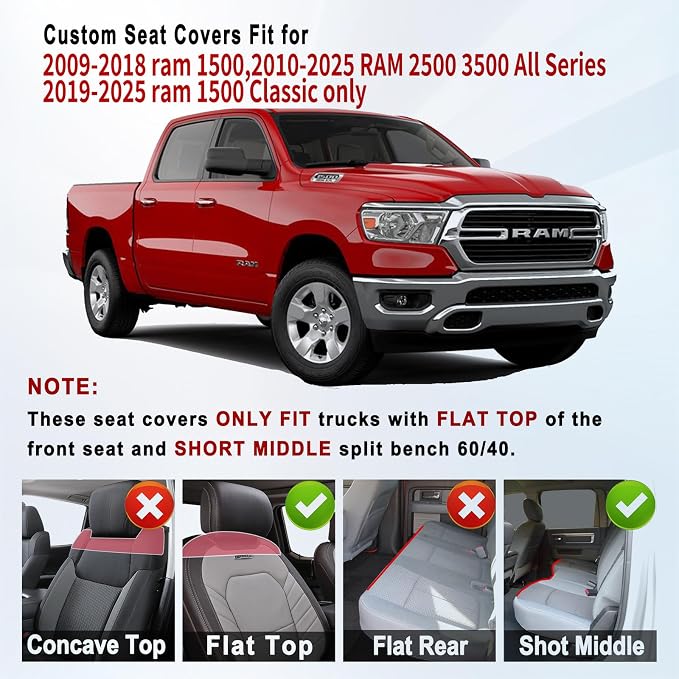 Huidasource Dodge Ram Seat Covers, Front & Rear Pickup Truck Leather Seat Cover Fit for 2009-2018 RAM 1500, 2010-2025 2500/3500 Crew Mega Cab, 2019-2025 RAM 1500 Classic only (Full Set/Black&White)