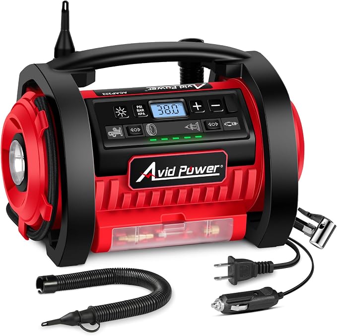 AVID POWER Tire Inflator Portable Air Compressor, 12V DC 110V AC Car Tire Pump, Air Mattress Pump with Inflation and Deflation Modes, Dual Powerful Motors, Digital Pressure Gauge