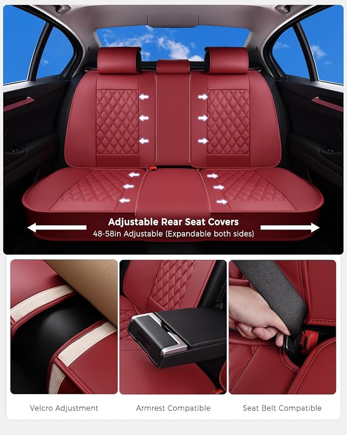 Huidasource Red Seat Covers, Car Seat Covers Nappa Leather Universal Fit for Most Cars, Vans, Trucks, SUVs, Compatible with Airbags, Child Seat, Automotive Seat Covers Velcro Adjustable (Full Set/Red)