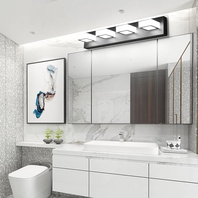 Ralbay Modern LED Black Vanity Lights 4 Lights Acrylic Bathroom Vanity Lighting Fixtures Modern Matte Black Bathroom Vanity Lights (Natural White Light)