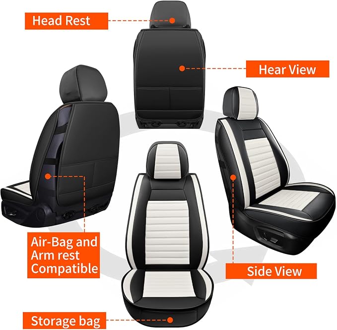 HChengkikz Front Car Seat Cover, Faux Leather, Waterproof (Black + White) | Breathable, Airbag Compatible, Easy Maintenance, Universal Fit for Most Sedans SUVs Pick-ups Trucks