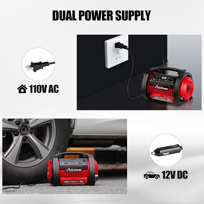 AVID POWER Tire Inflator Portable Air Compressor, 12V DC 110V AC Car Tire Pump, Air Mattress Pump with Inflation and Deflation Modes, Dual Powerful Motors, Digital Pressure Gauge