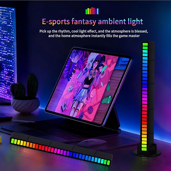 RGB Sound-Activated Music Rhythm Car Ambient LED Strip Light, 2packs | Gaming or Party Atmosphere, Sound-Sensitive Pulsing, Rechargeable Battery, Soft RGB Lighting, Type-C Charging (App)