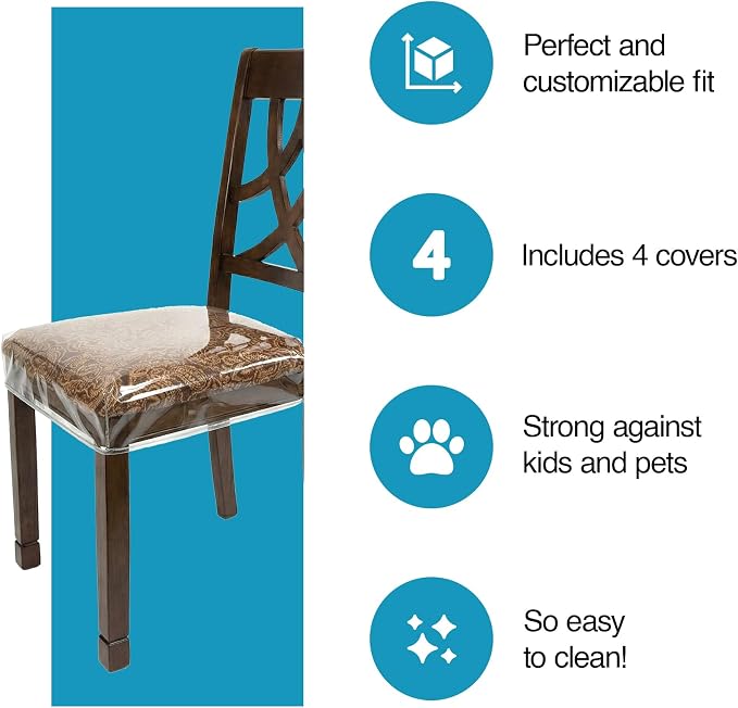 Houseables Plastic Chair Covers, Plastic Seat Covers for Dining Chairs, Seat Protectors, Vinyl, Waterproof, Clear Cushion Protector for Cats, Kids, Kitchen Room Table, Fits 16-18 Inch, 2 Pack Set