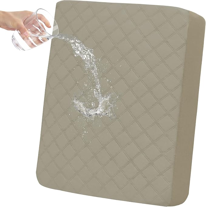 Easy-Going Waterproof Chair Cushion Cover, Non-Slip Leakproof Sofa Seat Cushion Slipcovers, Quilted and Stretch Furniture Protector for Dogs, Pets (1-Piece Chair Cushion, Beige)