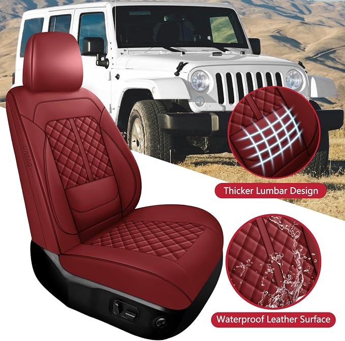 Wrangler Seat Covers 2007-2017,Custom Fit for Jeep Wrangler JK JL 4 Door Unlimited Sahara/Sport/Rubicon X 392 Willys,Waterproof Faux Leather and Lumbar Support (Wine Red, Full Set-5 seats(07-17))