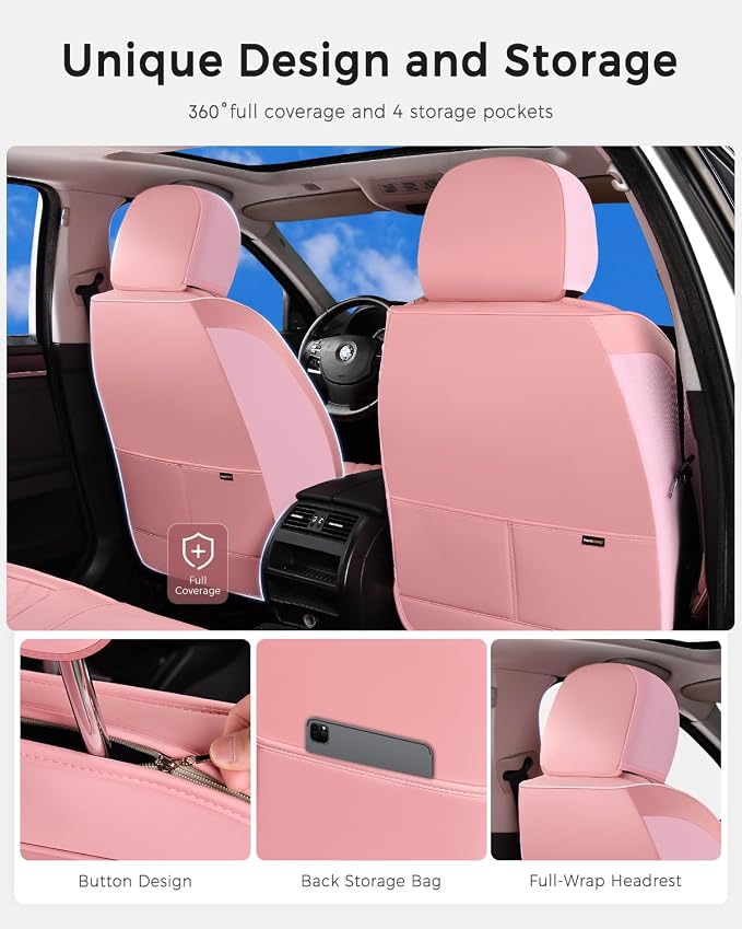 Huidasource Pink Seat Covers, Nappa Leather Car Seat Covers, Velcro Adjustable, Compatible with Airbags, Child Seat, Seat Belts, Fit for Most Cars, Vans, Trucks, SUVs (Full Set/Pink)
