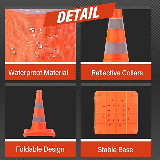 RoadHero 28 Inch 6 Pack Collapsible Traffic Safety Cones, Multi Purpose Pop-up Cones with Reflective Collar for Road Safety, Orange Cones for Driving Training, Parking Lots