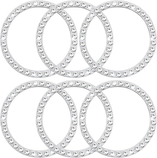 6 Pcs Car Bling Crystal Rhinestone Ring Emblem Sticker, Single Drainage Drill Car Start Button Cover, Key Ignition Knob Bling Ring Decals, Bling Car Accessories for Women, Silver