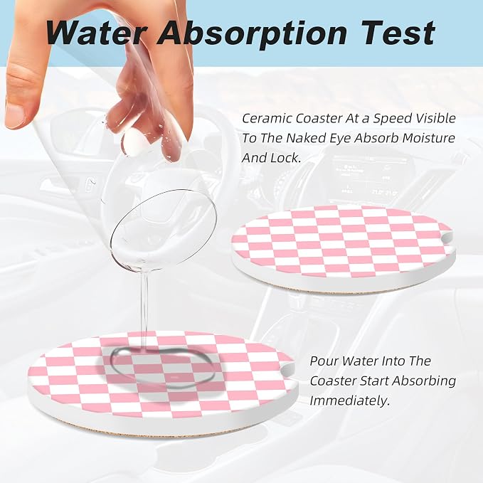 Pink and White Checkered Car Coasters for Cup Holders,2 Pack Car Cup Holder Coasters for Car,Ceramic Absorbent Car Coaster with A Finger Notch and Cork Base,Car Interior Accessories for Women Men