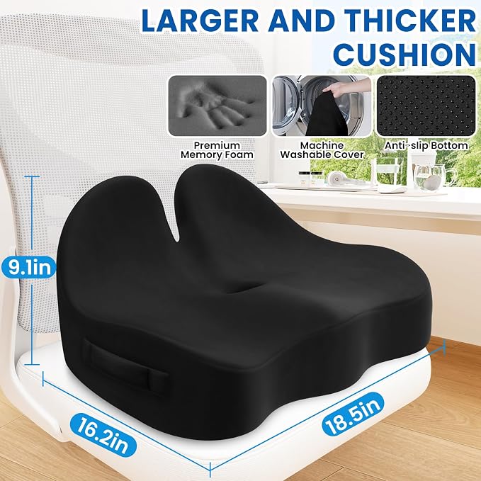 Seat Cushion, Chair Cushions for Office Chairs/Desk Seats/Wheelchair - Hip&Sciatica&Tailbone Pain Relief Memory Foam Office Chair Cushion for Long Sitting Office Workers, Black