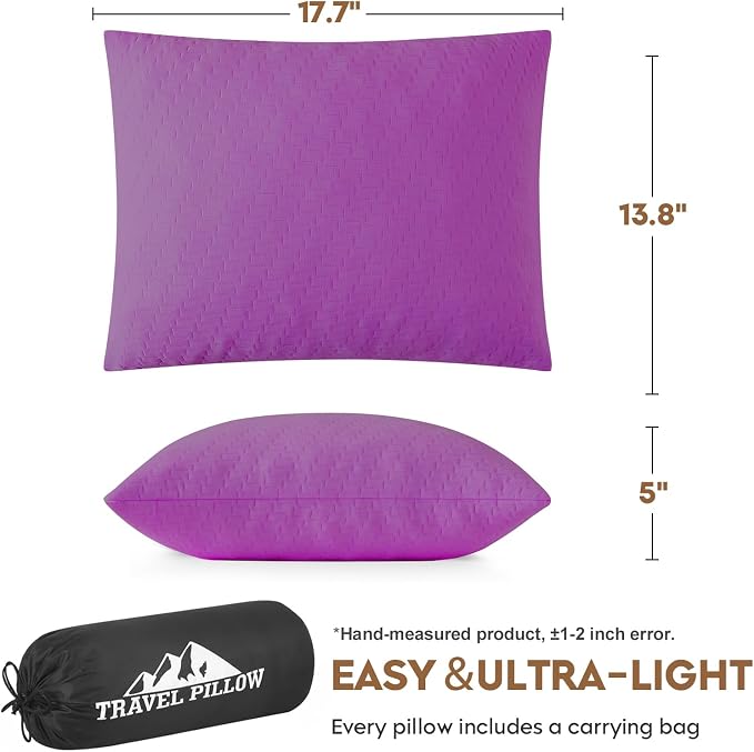 Small Shredded Memory Foam Pillow, Camping Pillow Travel Pillow - Compressible Medium Firm, Breathable Cover, Ideal Backpacking Hiking, Airplane and Car (Purple, M)