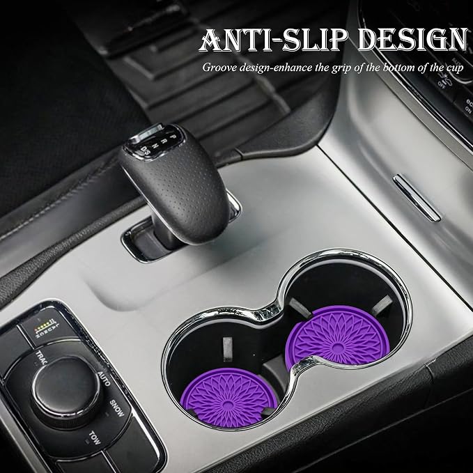 2-Pack Car Cup Holder Coaster Inserts, 2.75 Inch Non-Slip Silicone Liners, Shockproof Drink Holder Mat for Women Men, Universal Fit for Most Vehicles (Purple)