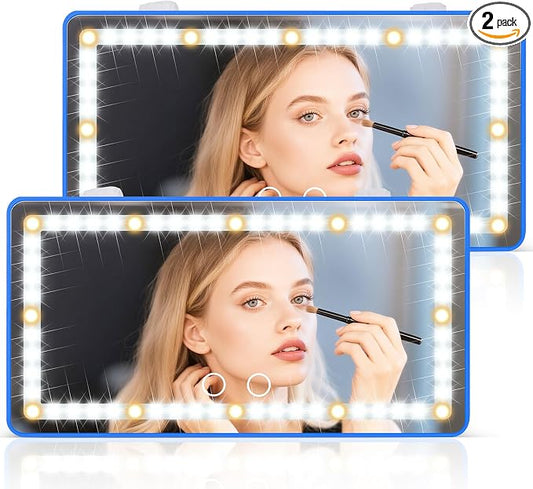 SINGARO 2PCS Car Sun Visor Vanity Mirror - Rechargeable Makeup Mirror with 60 LEDs, 3 Light Modes & Dimmable Touch Control for Cars, Trucks, SUVs, Car Interior Accessories for Women (Blue)