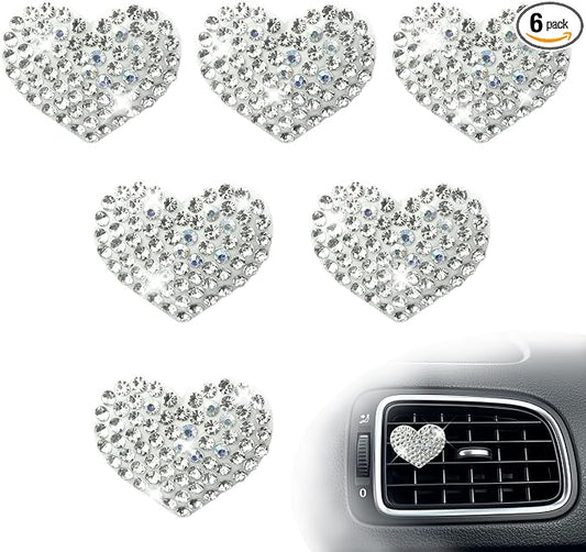 Bling Heart Rhinestone Air Vent Clips, 6 PCS Sparkling Crystal Heart Vent Clips Car Accessories Interior, Car Decorations for Women Girls Auto SUV (Silver)