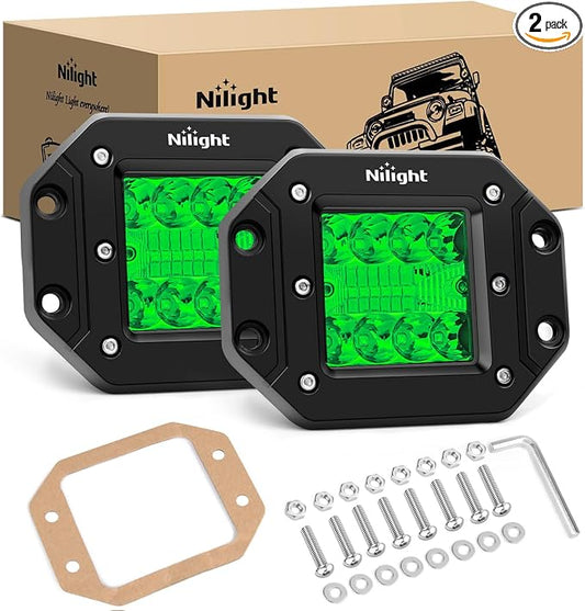 Nilight Flush Mount LED Light Pods 2 PCS 42 W Green | Spot Flood Combo Beam, Bumper Driving Fog Fishing Hunting Emergency Safety Signal Lighting for UTV Pickup Van Boat Tractor