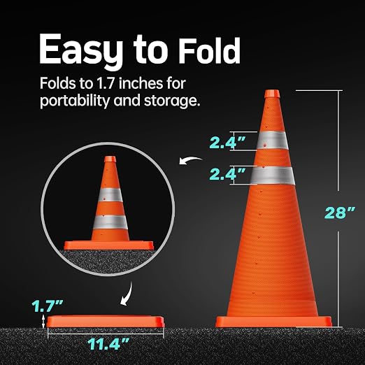 BATTIFE [4 Pack] 28 Inch Collapsible Traffic Safety Orange Cones, Multi Purpose Pop-up Cones and Reflective Collar, for Road Parking, Driving Practice