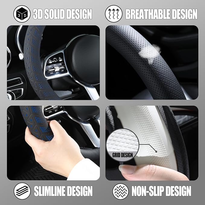 3D Slim Soft 15 inch Leather Steering Wheel Cover Black with Blue | Breathable Anti-Slip Premium Skin-Feel Perforated Thin Nappa Leather, Universal 14.5 inch to 15 inch