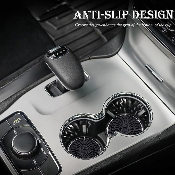 2PCS Bling Car Cup Holder Coasters, 2.75 Inch Silicone Anti-Slip Insert, Bling Shockproof Cup Mat for Women Girls, Universal Fit for Most Vehicles (Black & White)