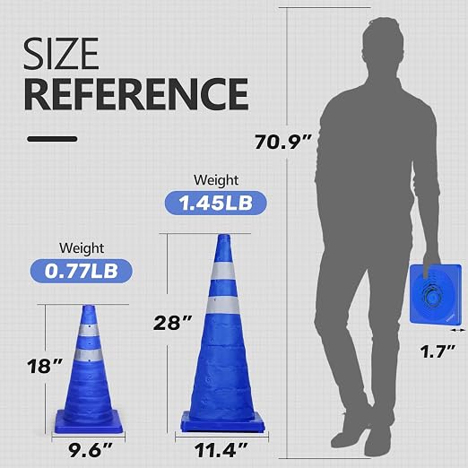 BATTIFE [4 Pack] 18 Inch Collapsible Traffic Cones, Safety Cones, Pop-up Cones with Reflective Collar, for Driving Practice,Road Parking (Blue)