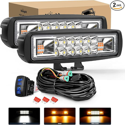 Nilight LED Light Pods 2PCS 6 Inch 60W Amber White 3 Lighting Modes Fog Lights Spot Flood Combo Beam with Dual Control 18AWG Wiring Harness for Truck Pickup Golf Cart UTV ATV SUV Boat 4x4 Car
