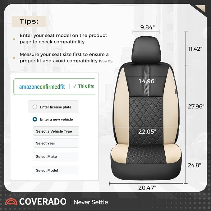 Coverado Car Seat Covers Front Pair, Automotive Leather Seat Covers for Car，Universal Fit Front Back Seat Cover, Non-Slip Waterproof Breathable Car Seat Protector