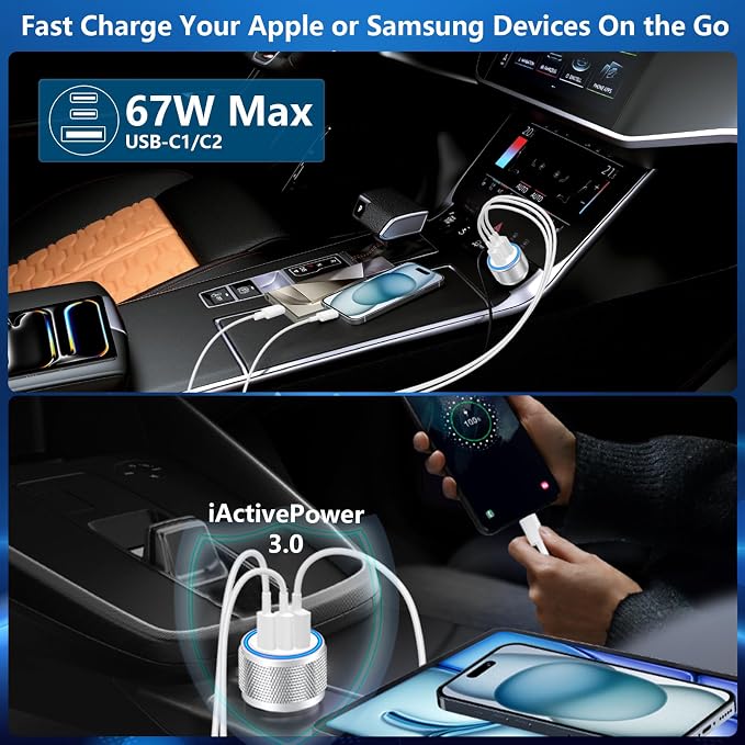 USB C Car Charger, Rombica 3Port 67W Dual USB-C&USB-A Car Power Cigarette Lighter USB Charger Adapter PD/QC Type C Car Charger Fast Charge for iPhone 17 17 Pro 16 15 14 13 12/Galaxy S26 S25/Pixel/iPad